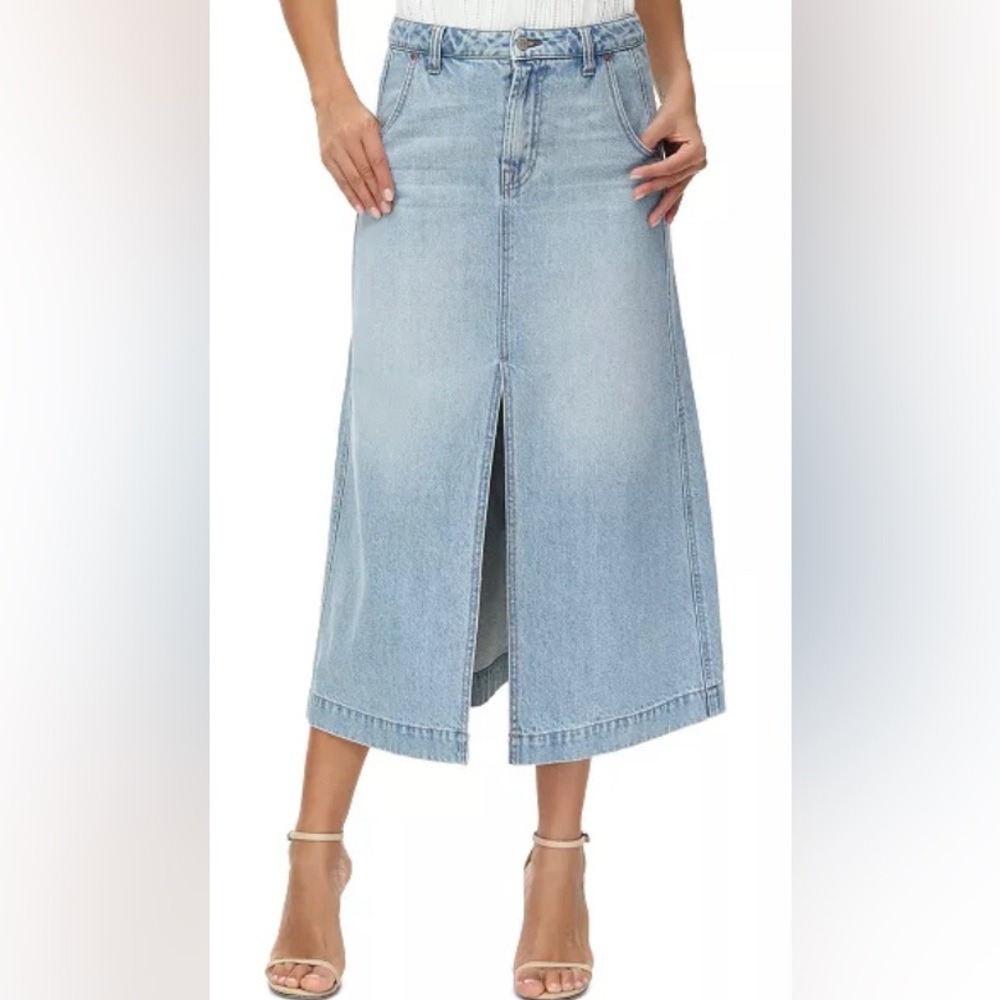 Frye Women's 26 Denim Midi Skirt Light Wash Front Slit 100% Cotton‎
